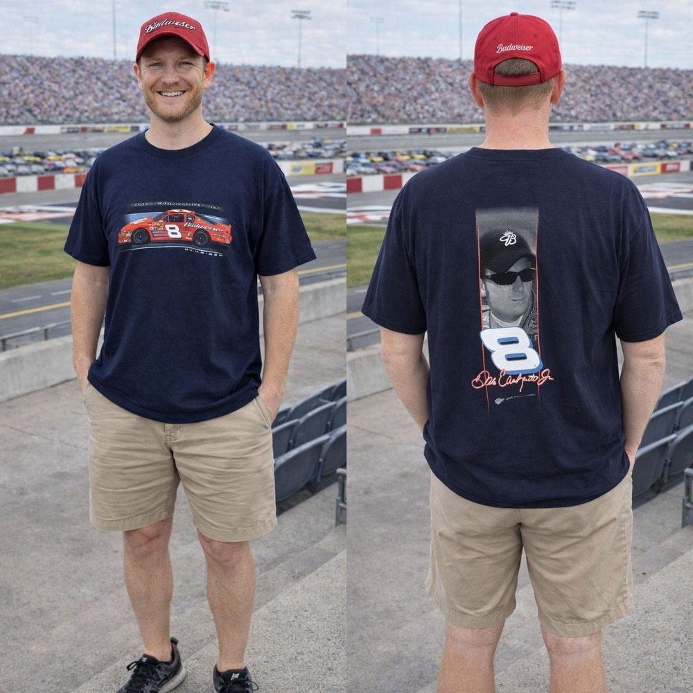 Budweiser Dale Earnhardt Jr 8‎ Vintage NASCAR Racing T Shirt Men's XL Navy Blue